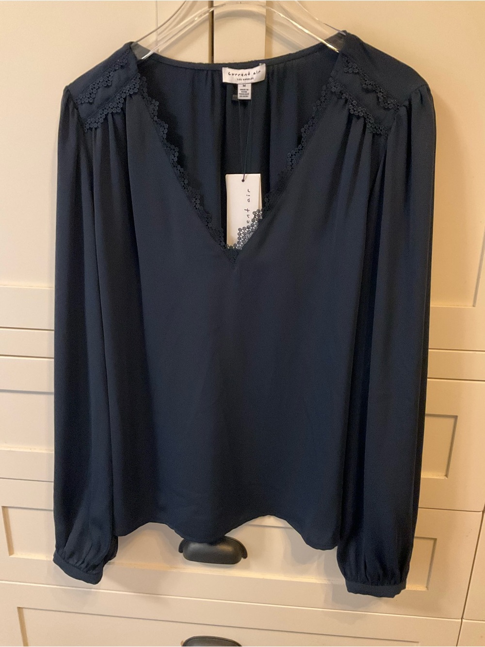 Current Air Navy V-Neck Blouse with Lace Trim